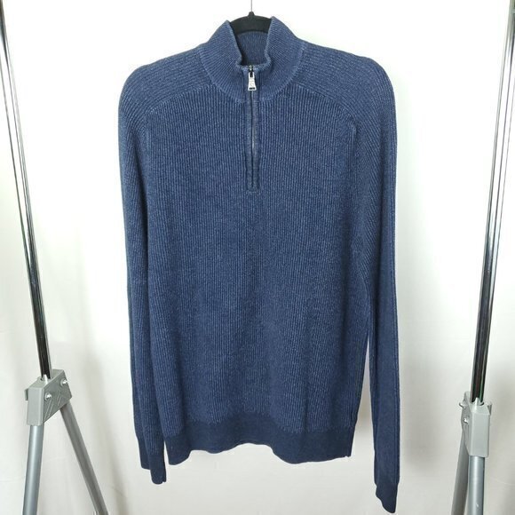 Men's Express 100% Cotton Quarter Zip Rib Raglan Sleeve Sweater Large Blue - Picture 1 of 15